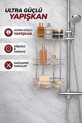 Sas Haus Yapışkanlı Düz Banyo Düzenleyici Şampuanlık Duş Rafı Krom TŞ-03 - 3