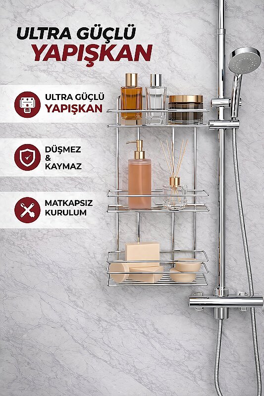 Sas Haus Yapışkanlı Düz Banyo Düzenleyici Şampuanlık Duş Rafı Krom TŞ-03 - 3