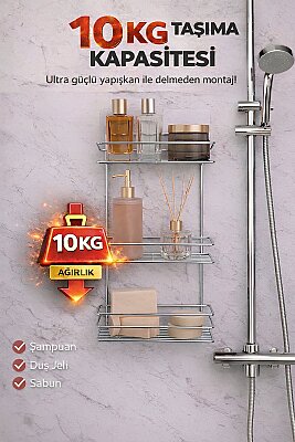Sas Haus Yapışkanlı Düz Banyo Düzenleyici Şampuanlık Duş Rafı Krom TŞ-03 - 4