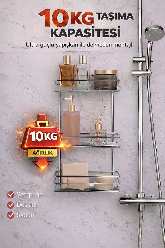 Sas Haus Yapışkanlı Düz Banyo Düzenleyici Şampuanlık Duş Rafı Krom TŞ-03 - 4