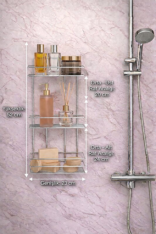 Sas Haus Yapışkanlı Düz Banyo Düzenleyici Şampuanlık Duş Rafı Krom TŞ-03 - 5