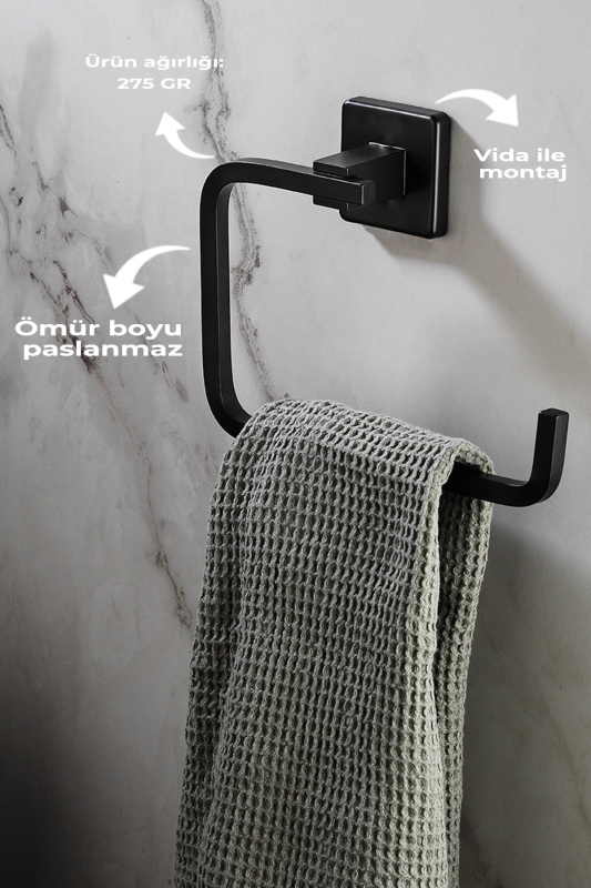 Ömür Boyu Paslanmaz Kare Havluluk Siyah Havlu Askısı - 3