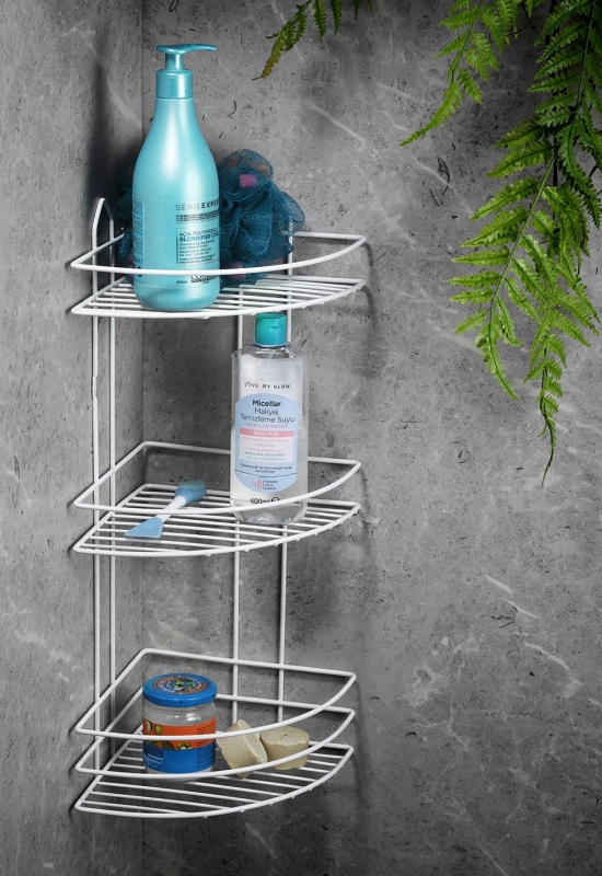 Ömür Boyu Paslanmaz Yapışkanlı Banyo Köşeliği Düzenleyici Şampuanlık Duş Rafı Beyaz EK-03 - 1