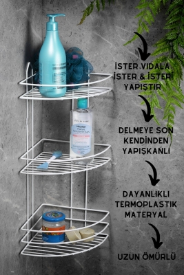 Ömür Boyu Paslanmaz Yapışkanlı Banyo Köşeliği Düzenleyici Şampuanlık Duş Rafı Beyaz EK-03 - 2