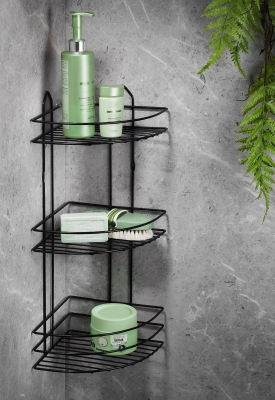 Siyah Ömür Boyu Paslanmaz, Yapışkanlı Banyo Köşeliği, Duş Rafı, Şampuanlık Düzenleyici - Sas Haus