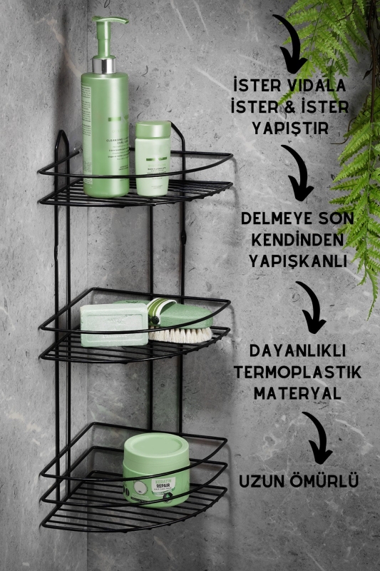 Siyah Ömür Boyu Paslanmaz, Yapışkanlı Banyo Köşeliği, Duş Rafı, Şampuanlık Düzenleyici - 2