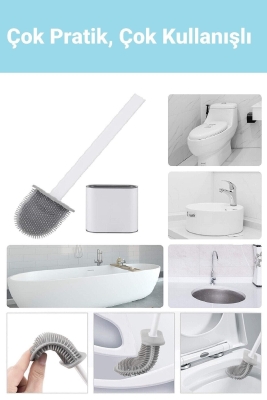 Beyaz Silikon Banyo, Tuvalet, Klozet Temizleme Fırçası ve Tutucu Set - 3