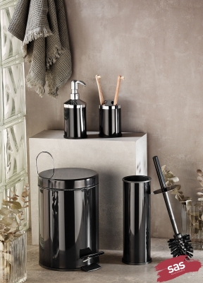 SAS Siyah çöp kovası wc fırça sıvı sabunluk diş fırçalık set 4 lü set 3 lt - 1