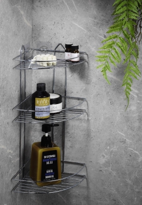 Yapışkanlı Banyo Köşeliği Düzenleyici Şampuanlık Duş Rafı Krom EK-03 - 1