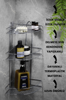 Yapışkanlı Banyo Köşeliği Düzenleyici Şampuanlık Duş Rafı Krom EK-03 - 2