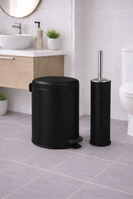 Siyah 2'li Banyo Seti - Metal Çöp Kovası 3 Lt Ve Wc Fırçası Takımı Elit 7200 - Sas Haus
