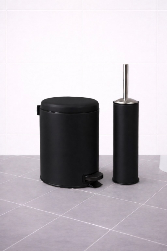 Siyah 2'li Banyo Seti - Metal Çöp Kovası 3 Lt Ve Wc Fırçası Takımı Elit 7200 - 5