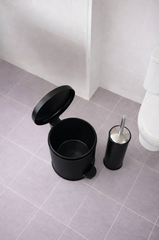 Siyah 2'li Banyo Seti - Metal Çöp Kovası 3 Lt Ve Wc Fırçası Takımı Elit 7200 - 6