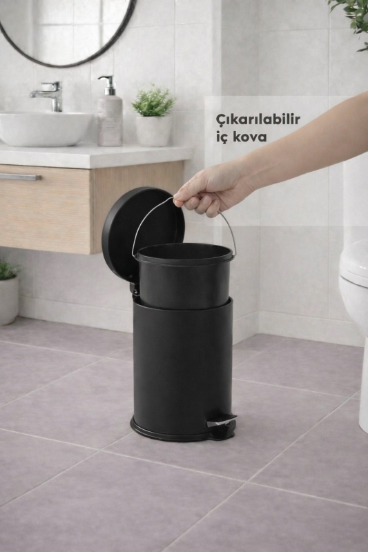 Siyah 2'li Banyo Seti - Metal Çöp Kovası 3 Lt Ve Wc Fırçası Takımı Elit 7200 - 7