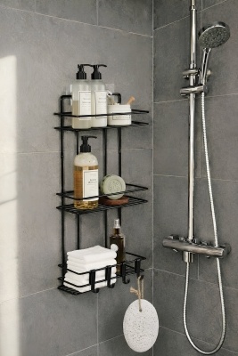 Siyah 3 Katlı Banyo Rafı Şampuanlık Ve Duş Rafı Askılı Yapışkanlı Duvara Monte TŞ-03 - Sas Haus