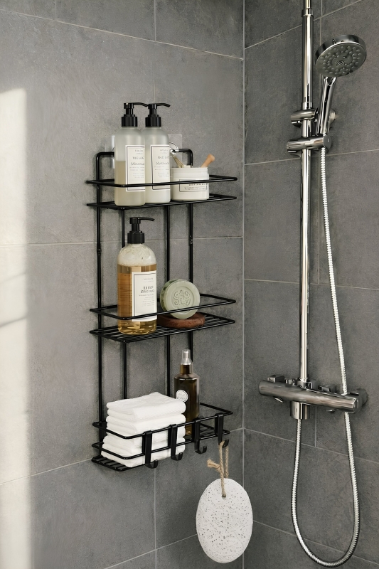 Siyah 3 Katlı Banyo Rafı Şampuanlık Ve Duş Rafı Askılı Yapışkanlı Duvara Monte TŞ-03 - 1