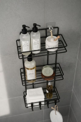 Siyah 3 Katlı Banyo Rafı Şampuanlık Ve Duş Rafı Askılı Yapışkanlı Duvara Monte TŞ-03 - 3
