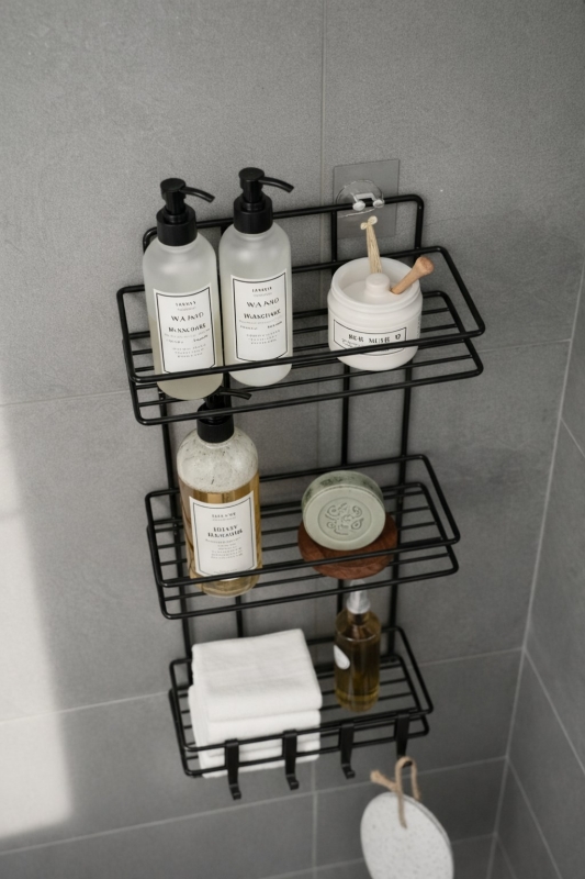 Siyah 3 Katlı Banyo Rafı Şampuanlık Ve Duş Rafı Askılı Yapışkanlı Duvara Monte TŞ-03 - 3