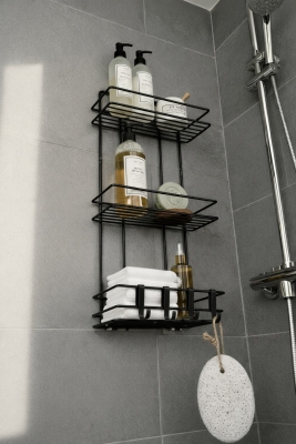 Siyah 3 Katlı Banyo Rafı Şampuanlık Ve Duş Rafı Askılı Yapışkanlı Duvara Monte TŞ-03 - 5