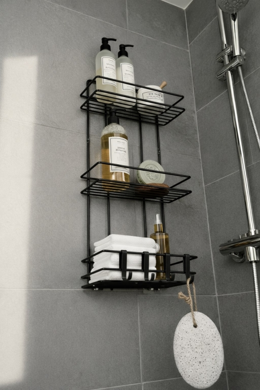 Siyah 3 Katlı Banyo Rafı Şampuanlık Ve Duş Rafı Askılı Yapışkanlı Duvara Monte TŞ-03 - 5