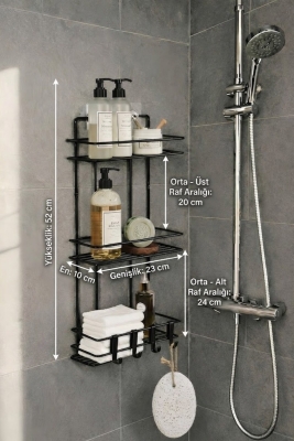 Siyah 3 Katlı Banyo Rafı Şampuanlık Ve Duş Rafı Askılı Yapışkanlı Duvara Monte TŞ-03 - 7