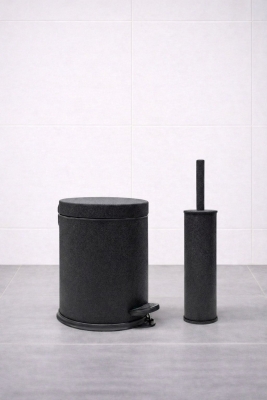 Mat Siyah Dokulu 2'li Banyo Seti - Metal Çöp Kovası 3 Lt ve WC Fırçası Takımı - 4