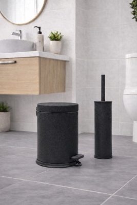 Mat Siyah Dokulu 2'li Banyo Seti - Metal Çöp Kovası 3 Lt ve WC Fırçası Takımı - 5