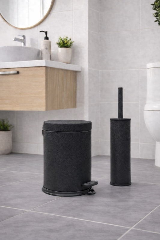 Mat Siyah Dokulu 2'li Banyo Seti - Metal Çöp Kovası 3 Lt ve WC Fırçası Takımı - 5