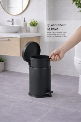 Mat Siyah Dokulu 2'li Banyo Seti - Metal Çöp Kovası 3 Lt ve WC Fırçası Takımı - 7