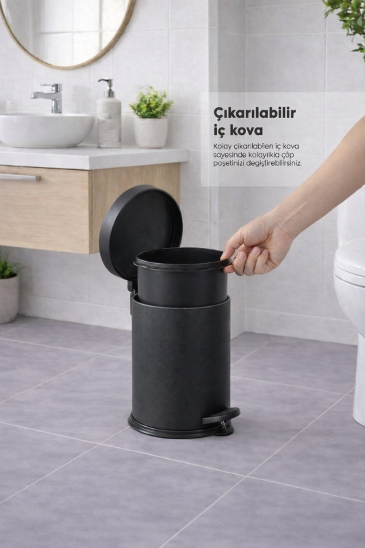 Mat Siyah Dokulu 2'li Banyo Seti - Metal Çöp Kovası 3 Lt ve WC Fırçası Takımı - 7
