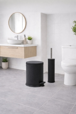 Mat Siyah Dokulu 2'li Banyo Seti - Metal Çöp Kovası 3 Lt ve WC Fırçası Takımı - 8