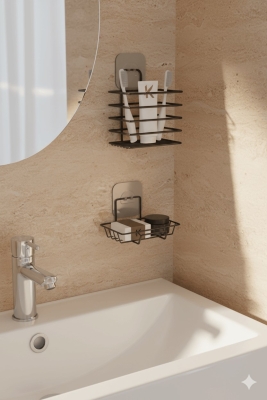 Siyah Paslanmaz Metal Yapışkanlı 2’li Banyo Düzenleyici – Diş Fırçalık & Katı Sabunluk Seti - 2