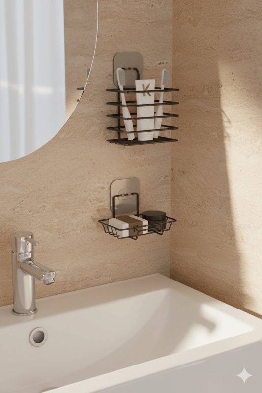 Siyah Paslanmaz Metal Yapışkanlı 2’li Banyo Düzenleyici – Diş Fırçalık & Katı Sabunluk Seti - 2