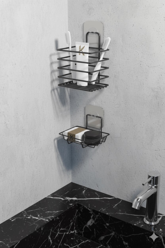 Siyah Paslanmaz Metal Yapışkanlı 2’li Banyo Düzenleyici – Diş Fırçalık & Katı Sabunluk Seti - 5