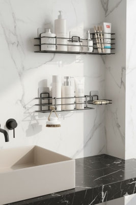 Siyah Yapışkanlı 4’lü Banyo Seti – Duş Rafı, Sabunluk, Diş Fırçalık - Paslanmaz Metal Düzenleyici - 2