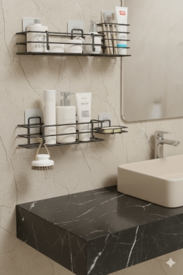 Siyah Yapışkanlı 4’lü Banyo Seti – Duş Rafı, Sabunluk, Diş Fırçalık - Paslanmaz Metal Düzenleyici - 3
