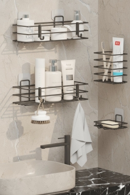 Siyah Yapışkanlı 4’lü Banyo Seti – Duş Rafı, Sabunluk, Diş Fırçalık - Paslanmaz Metal Düzenleyici - 4