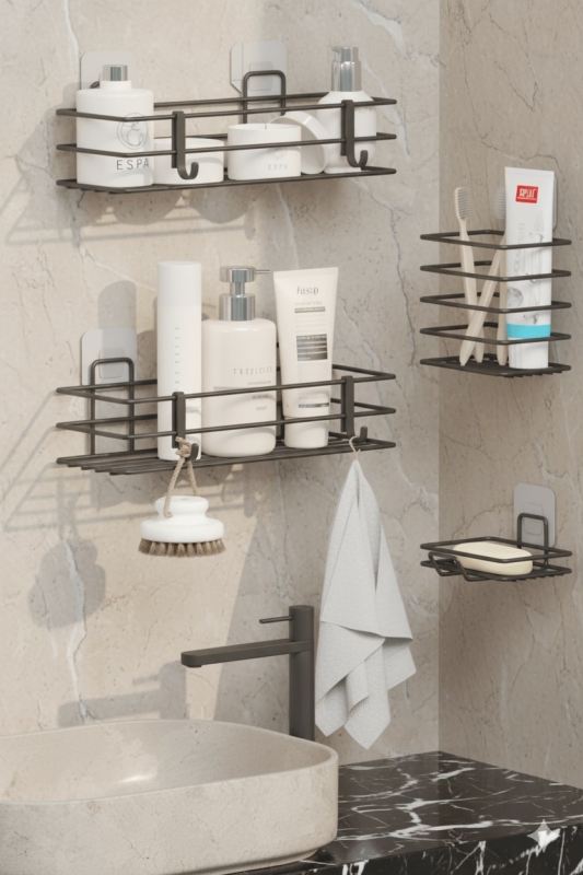Siyah Yapışkanlı 4’lü Banyo Seti – Duş Rafı, Sabunluk, Diş Fırçalık - Paslanmaz Metal Düzenleyici - 4