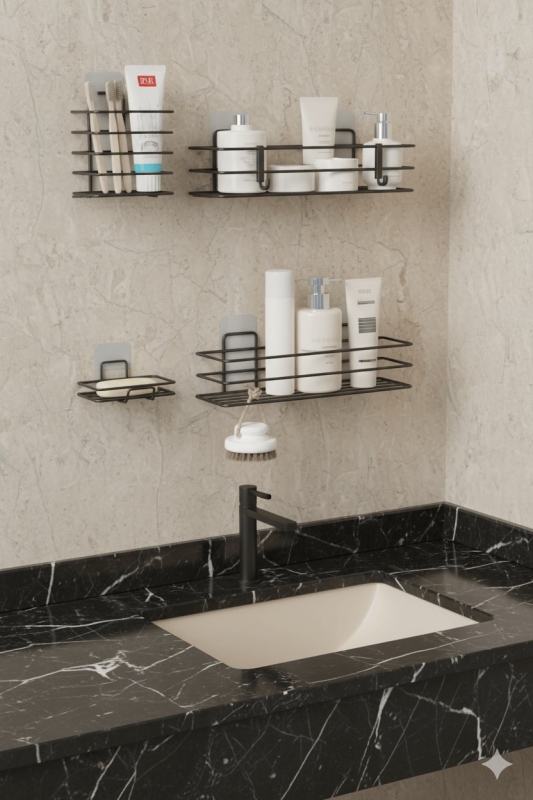 Siyah Yapışkanlı 4’lü Banyo Seti – Duş Rafı, Sabunluk, Diş Fırçalık - Paslanmaz Metal Düzenleyici - 5