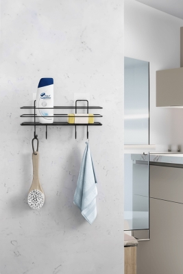 Siyah Yapışkanlı Banyo Rafı Mutfak Rafı Çok Amaçlı Askılı Düzenleyici Organizer Paslanmaz Şampuanlık - 2