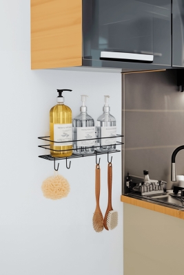 Siyah Yapışkanlı Banyo Rafı Mutfak Rafı Çok Amaçlı Askılı Düzenleyici Organizer Paslanmaz Şampuanlık - 3