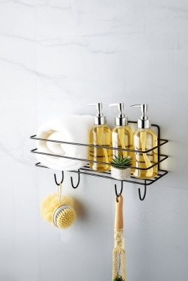 Siyah Yapışkanlı Banyo Rafı Mutfak Rafı Çok Amaçlı Askılı Düzenleyici Organizer Paslanmaz Şampuanlık - 5