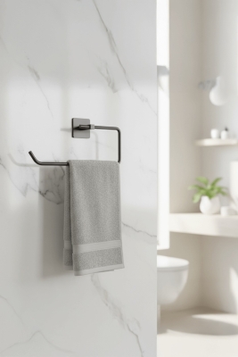 Siyah Yapışkanlı Solo Havluluk – Kare Topuzlu, (Yapıştır/Vidala) Montajlı Metal Banyo Askısı - 3