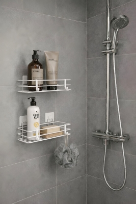 Tek Katlı Duş Rafı – Kancalı Banyo Şampuanlık & Organizer 2 Adet Beyaz TŞ-01 - 1