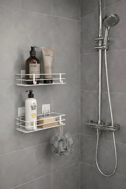 Tek Katlı Duş Rafı – Kancalı Banyo Şampuanlık & Organizer 2 Adet Beyaz TŞ-01 - 1