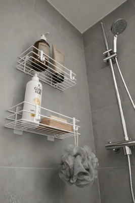 Tek Katlı Duş Rafı – Kancalı Banyo Şampuanlık & Organizer 2 Adet Beyaz TŞ-01 - 3