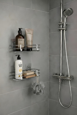 Tek Katlı Duş Rafı – Kancalı Banyo Şampuanlık & Organizer 2 Adet Krom TŞ-01 - Sas Haus