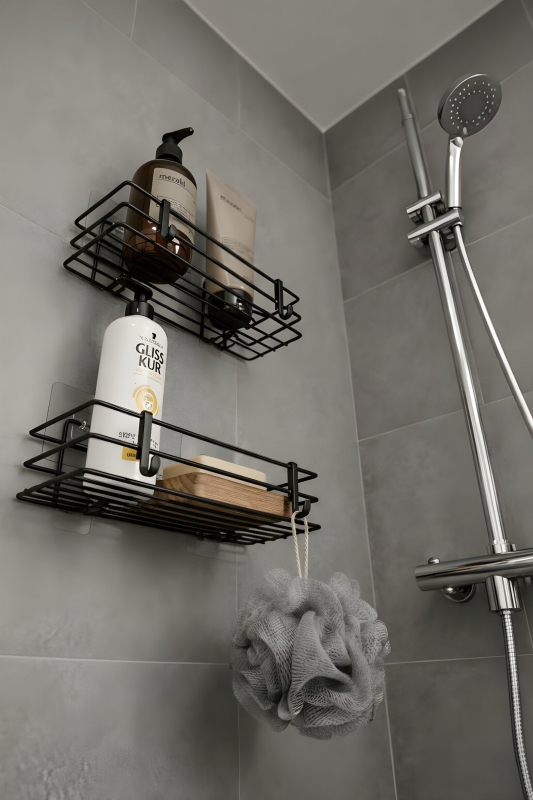 Tek Katlı Duş Rafı – Kancalı Banyo Şampuanlık & Organizer 2 Adet Siyah TŞ-01 - 3