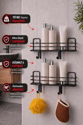 Tek Katlı Duş Rafı – Kancalı Banyo Şampuanlık & Organizer 2 Adet Siyah TŞ-01 - Sas Haus