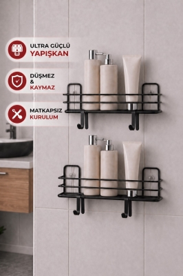Tek Katlı Duş Rafı – Kancalı Banyo Şampuanlık & Organizer 2 Adet Siyah TŞ-01 - 3
